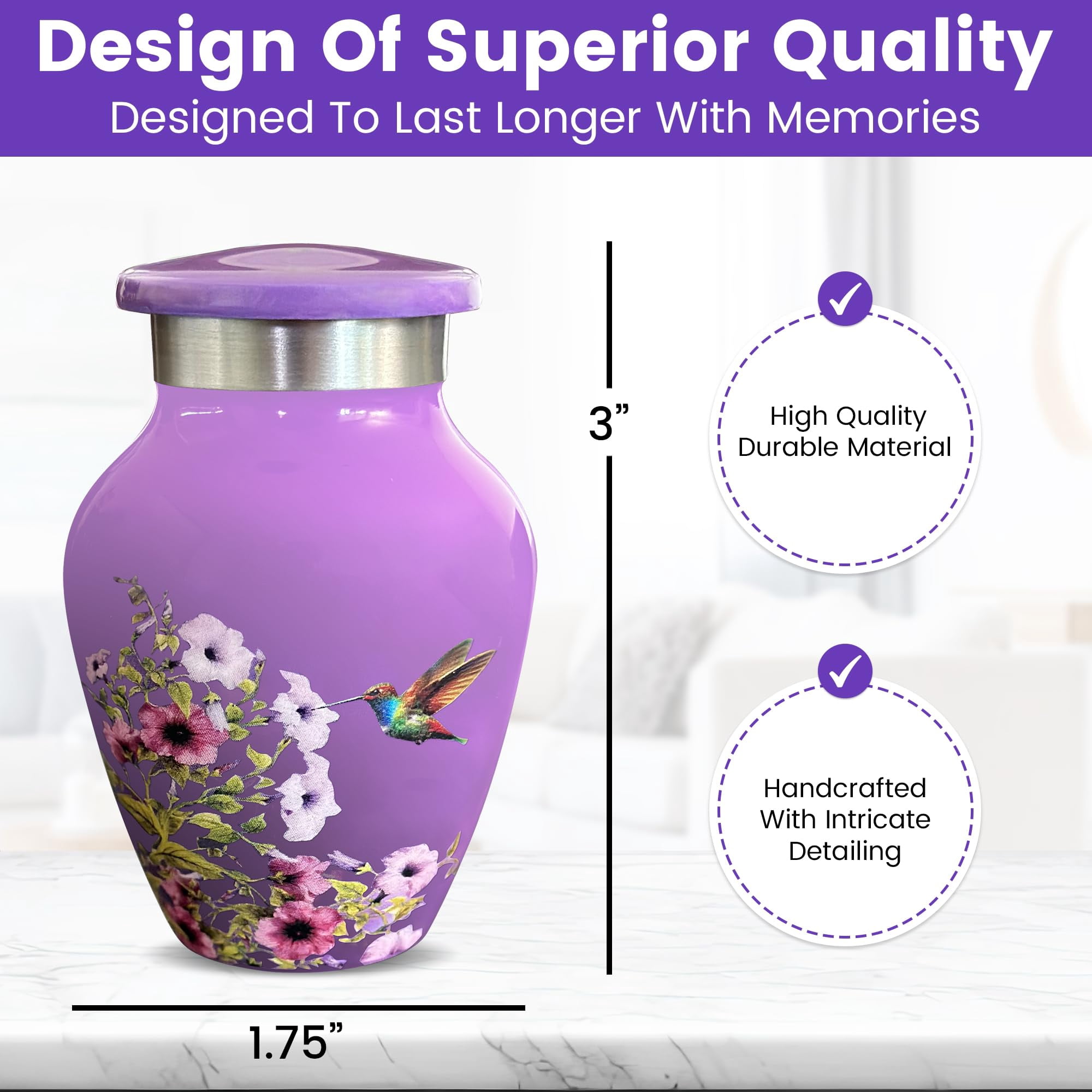TOSENG Handcrafted Small Urns for Human Ashes Keepsake, Set of 4, Purple Floral & Hummingbird Urn Design - Polished Aluminum Memorial Keepsakes with Secure Screw Lid, Felt Base, & Case - 3x1.75 Inch