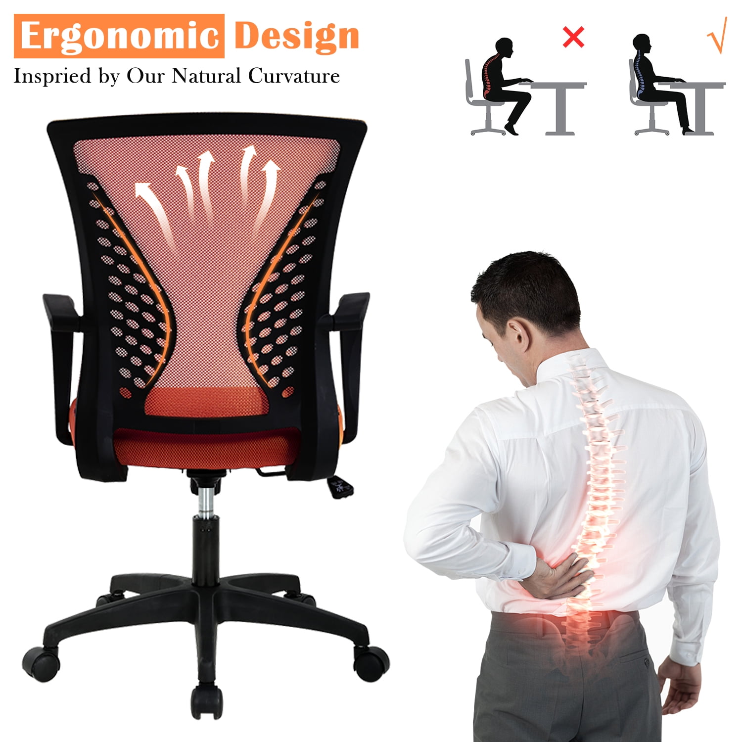 Mesh Office Chair Ergonomic Desk Chair w/Comfortable Seat Lumbar Support, Adjustable Mid Back Rolling Task Computer Chairs for Adults, Orange