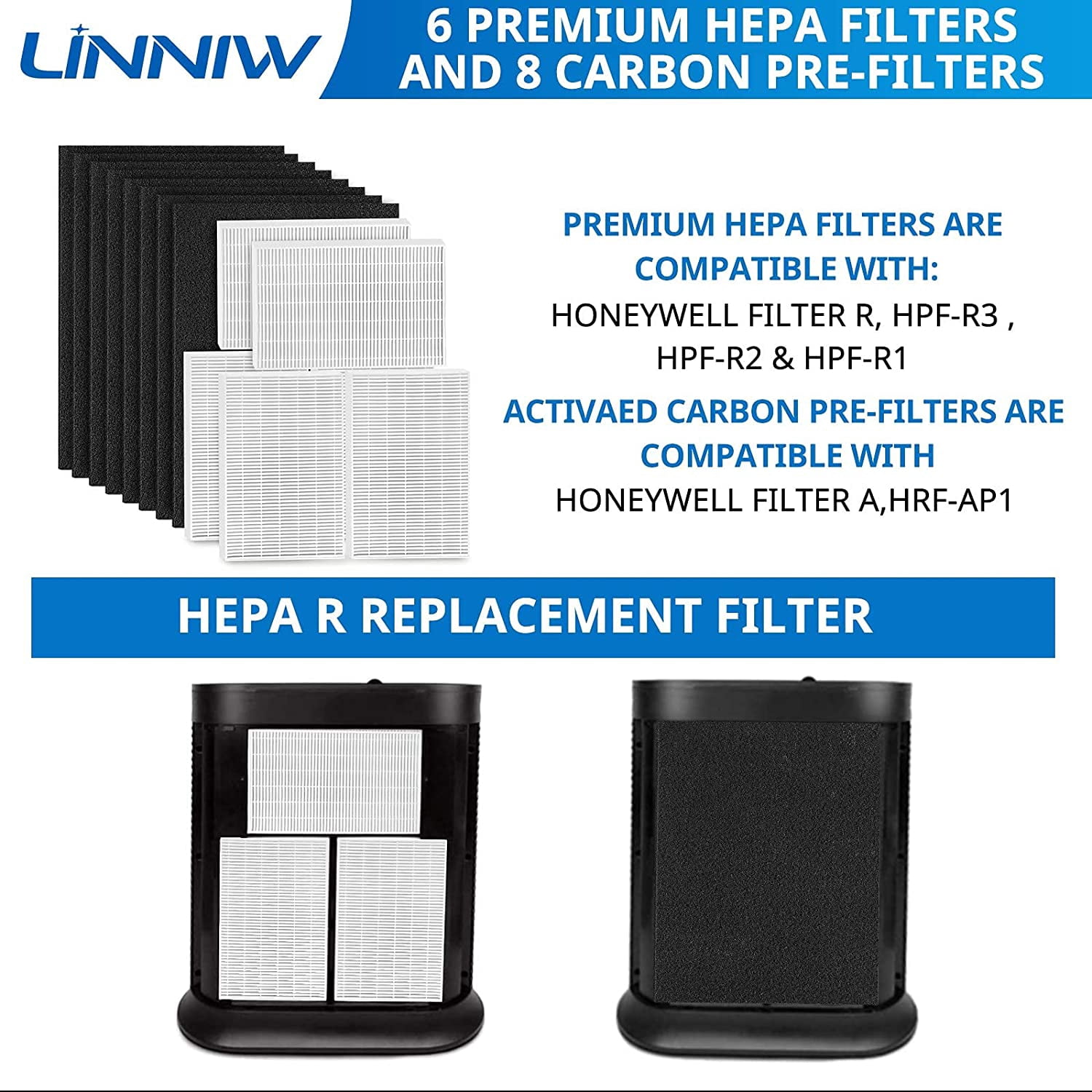 HPA300 HEPA Filter  for   Purifiers, 6 Pack True HEPA + 8 Carbon Pre-Filters, Compatible with HPA300/200/100 Series