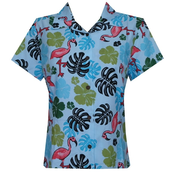 Hawaiian Shirt 37W Women Flamingo Leaf Print Aloha Beach Blouse Aqua Blue 2XL