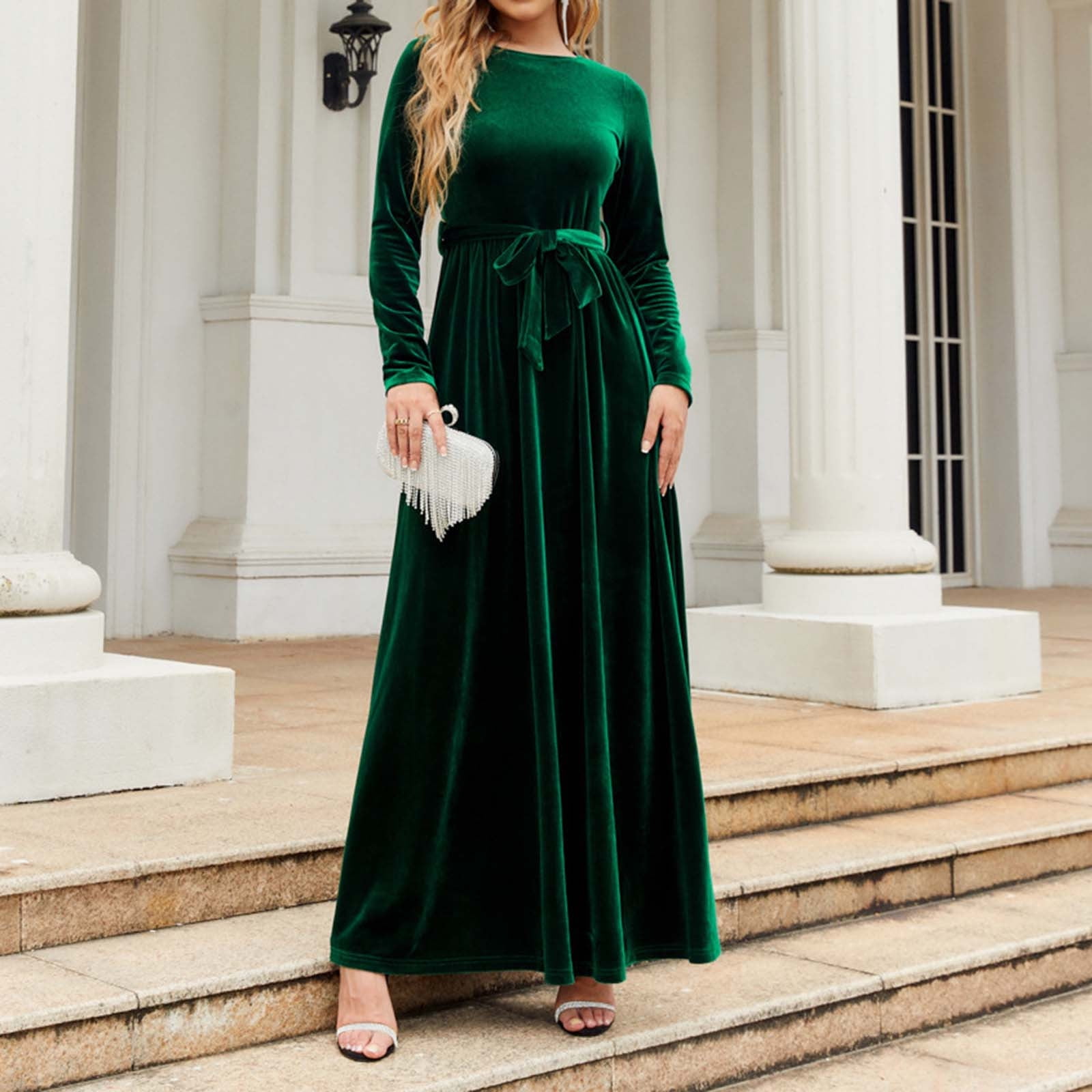 JGGSPWM Women's Velvet Maxi Dress High Waisted A Line Skirt Long Sleeves Dresses Green L