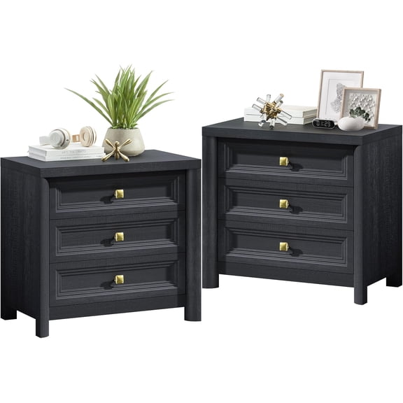 Black Night Stand Set of 2, Farmhouse Nightstand with 3 Drawers, 24.8” Tall Nightstand with Gold Knobs, Wood Bedside Table for Bedroom, Modern End Table for Living Room Office