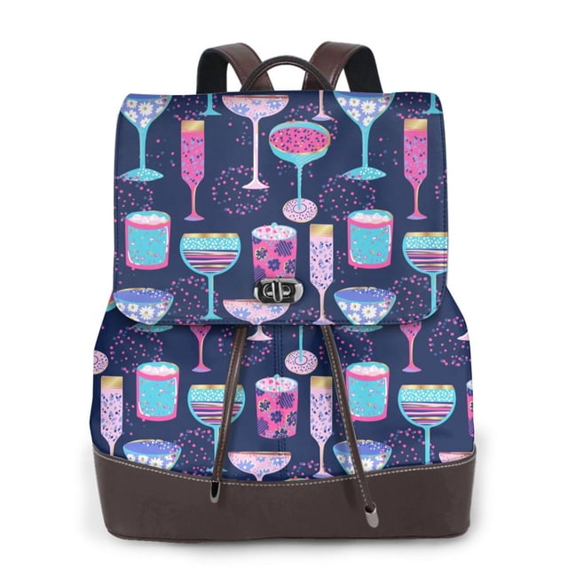 Balery Wine Glasses And Cocktails Mochila de Cuero para Mujeres, Gran Capacidad, Bolsa de Viaje Multifuncional, Mochila de Cuero y Bolsa de Hombro para Mujeres