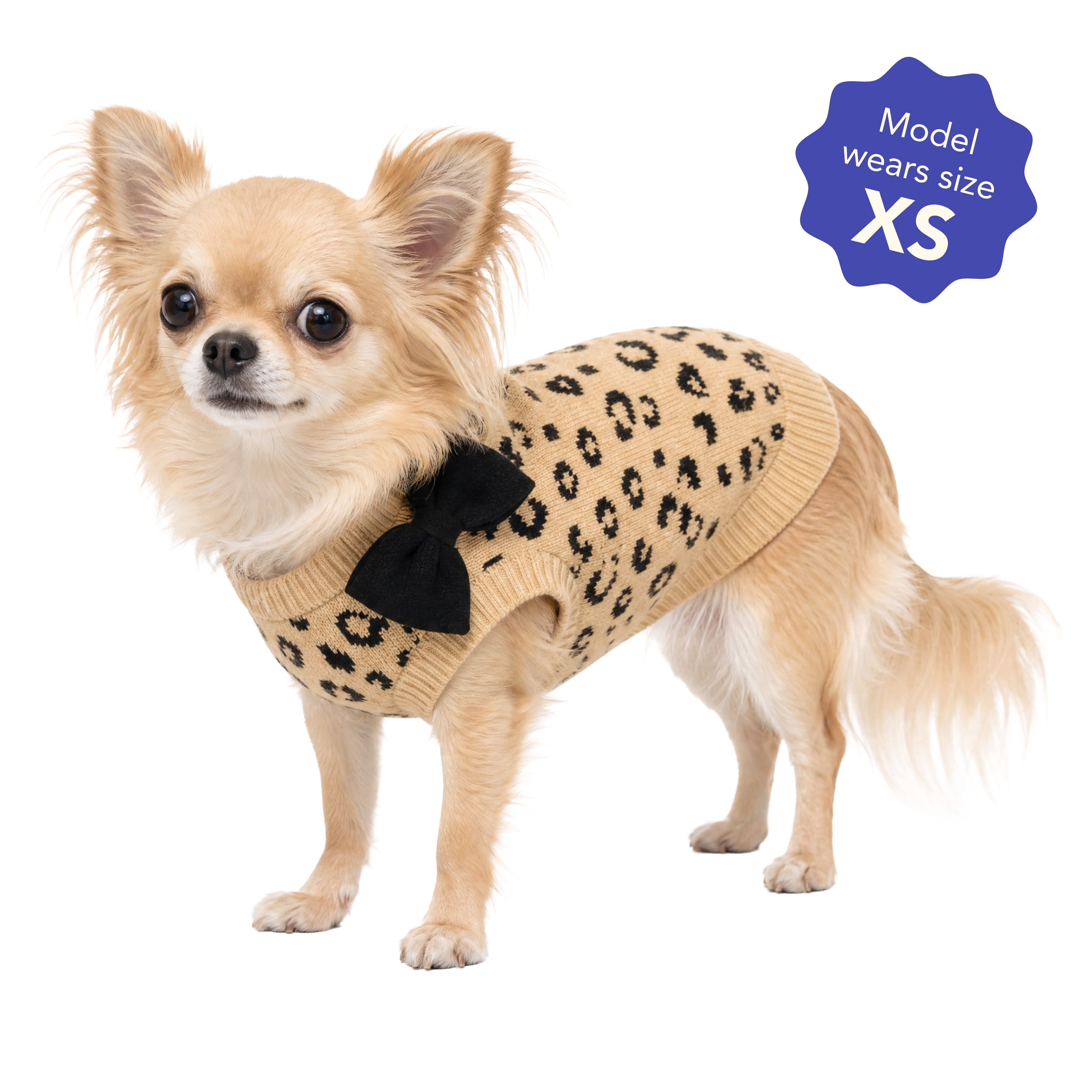 Oodles Leopard Print Bow Fall Dog Sweater, Tan, XS