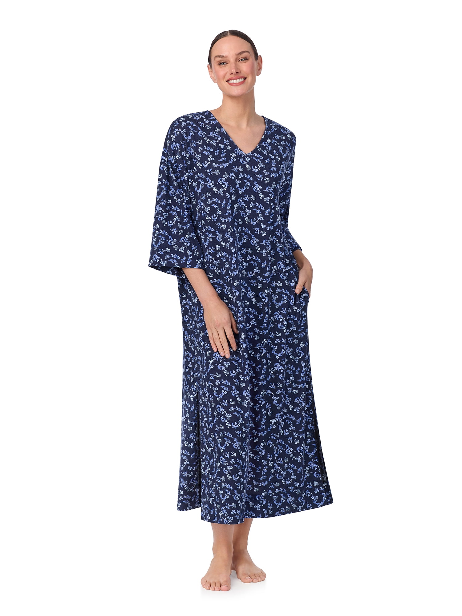 Aria Women's Sweater Knit 3/4 Sleeve V-Neck Lounger Nightgown with Pockets, Sizes XS to 5X