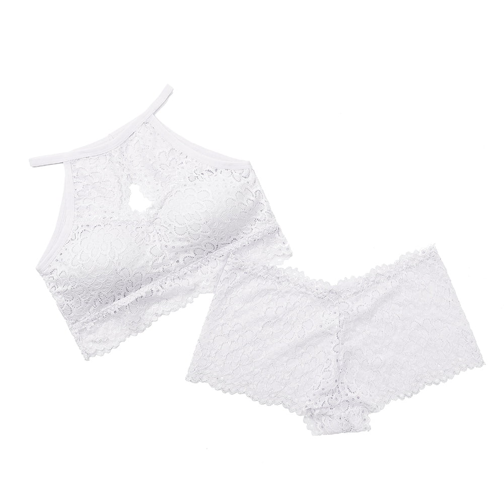 Women Lace Lingerie Set, 2-piece Sexy Underwear Set, Mesh Sheer Tube Top,  Bra+ Short Panties for Lady (White)
