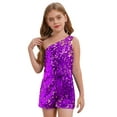 thumbnail image 2 of iiniim Kids Girls Sparkly Party Sequin Jumpsuit One Shoulders Sleeveless Short Romper Dancewear Purple 8, 2 of 7