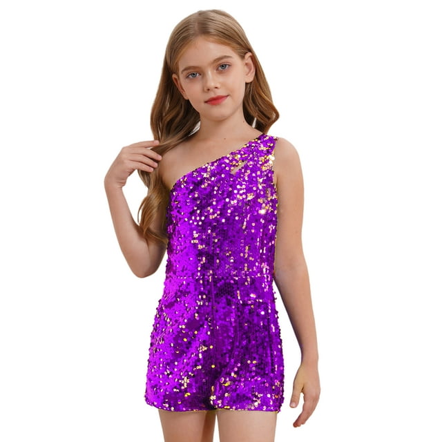 Kids Girls Sparkle Sequins Short Romper Sleeveless One Shoulder Cocktail Jumpsuit Dance Performance Outfits Purple 14