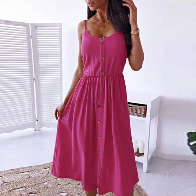 CEHVOM Robe Mi-Mollet pour Femmes, Mode Décontractée, Sans Manches, Col Rond, Couleur Unie, à Boutons