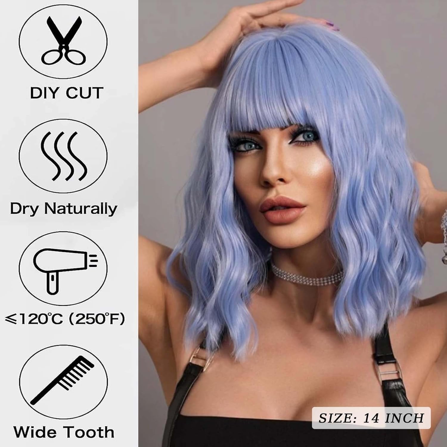 SUCS Black Wavy Wig with Bangs Soft Short Bob Wigs for Women Synthetic Shoulder Length Women's Curly Wigs