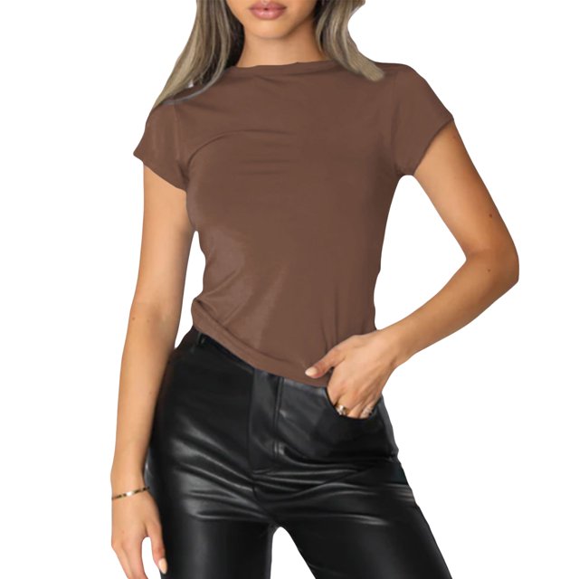 Blusa Mangas Cortas Camisa Top Mujer Básico Color Sólido Cuello Redondo Slim Fit Traje Diario Kuymtek Marrón T L para Mujer