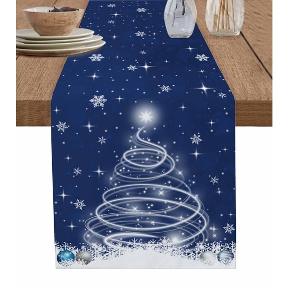 Ldtrchee Navy Blue Christmas Tree Table Runner 70 Inches, Snowflake Balls Xmas Bed Runner Dresser Scarves Tabletop for Indoor Outdoor Parties/Ceremony/Banquet, 13" x 70"