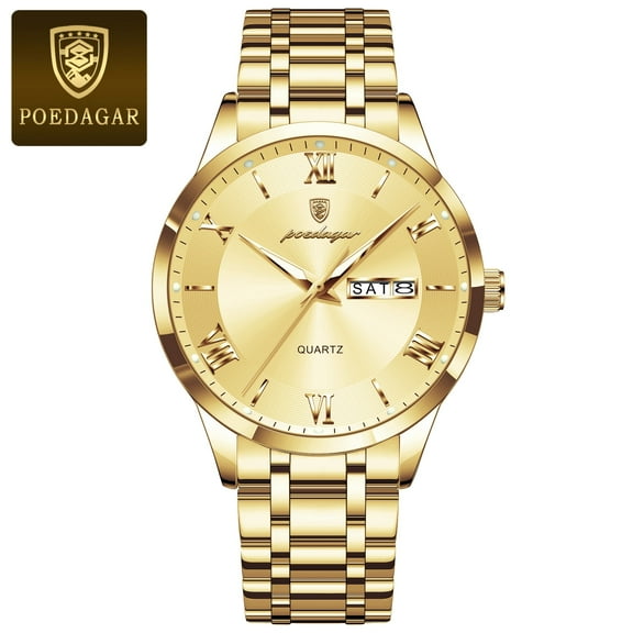 POEDAGAR Fashion Stainless Steel Men's Quartz Watches Waterproof Luminous Week Date Sports Man Wrist Watch