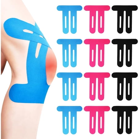 Knee Tape Kinesiology Tape Knee Elastic Waterproof Pre-Cut Knee Tapes For Knee Pain Relief Breathable Sports Tape For Muscle Support And Stability Running Cycling (12 Pcs Black Blue Pink)