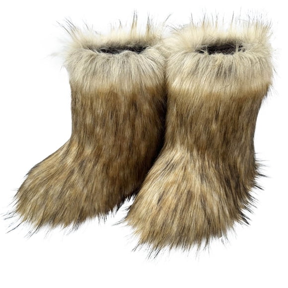 Juebong Faux Fur Boots for Women Fuzzy Fluffy Furry Round Toe Suede Winter Comfy Plush Warm Short Snow Bootie Flat Shoes Mid-Calf Boots Outdoor Indoor