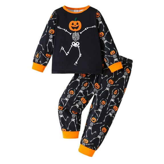 Boys Halloween Pajama Set Pumpkin Skeleton Print Top and Full Length Pants Two Piece Outfit Comfortable Kids Sleepwear