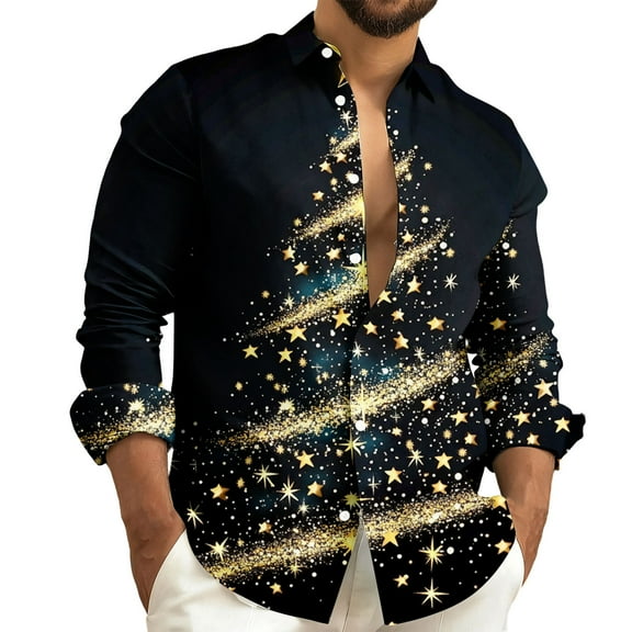 Fuwddey Pullover Top for Men Fall Blouses Shirts Men'S Fashionable Christmas Print Casual Long Sleeve Turndown Collar Blouse Shirt