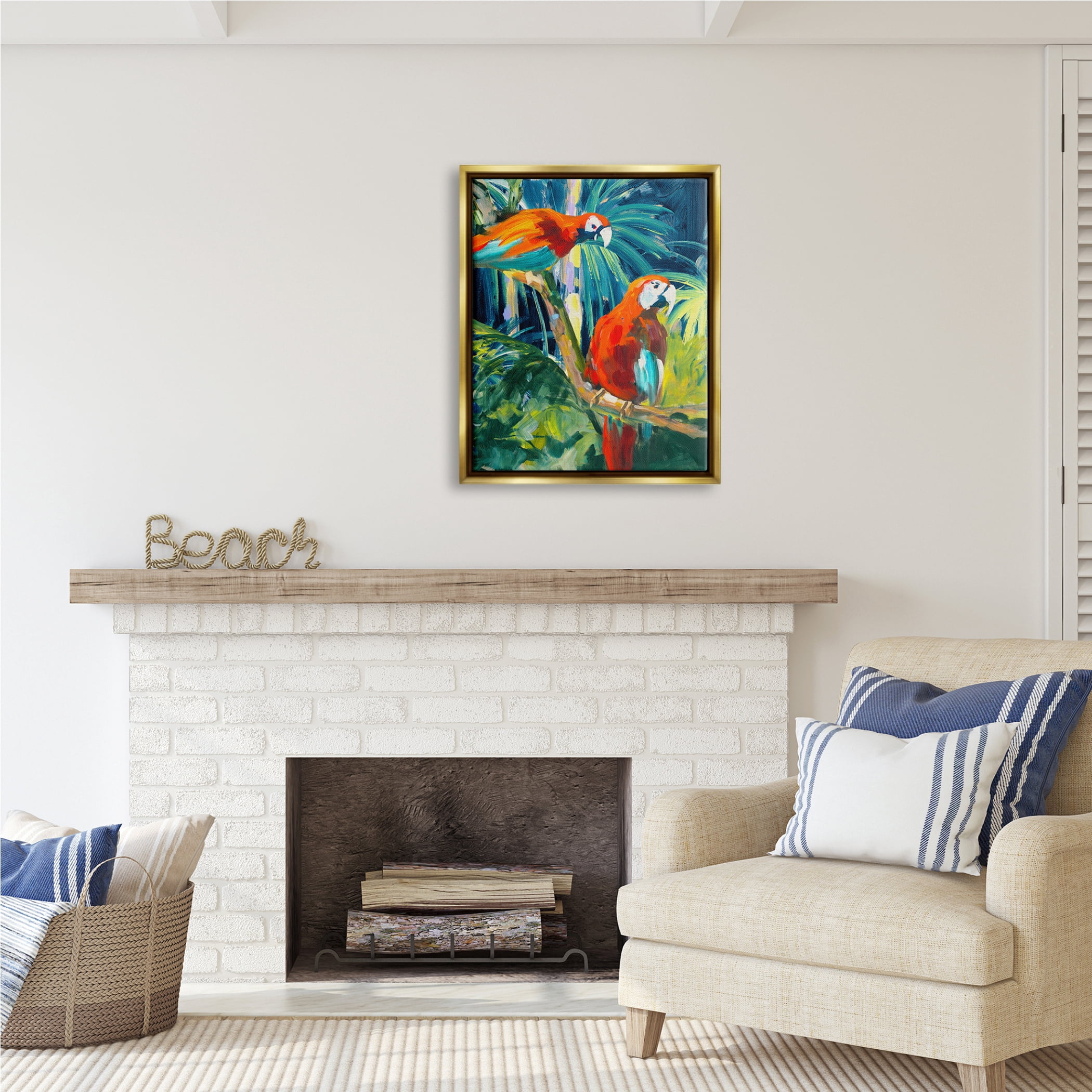 Stupell Industries Tropical Parrots in Jungle Animals & Insects Painting Gold Floater Framed Art Print Wall Art, 25 x 31