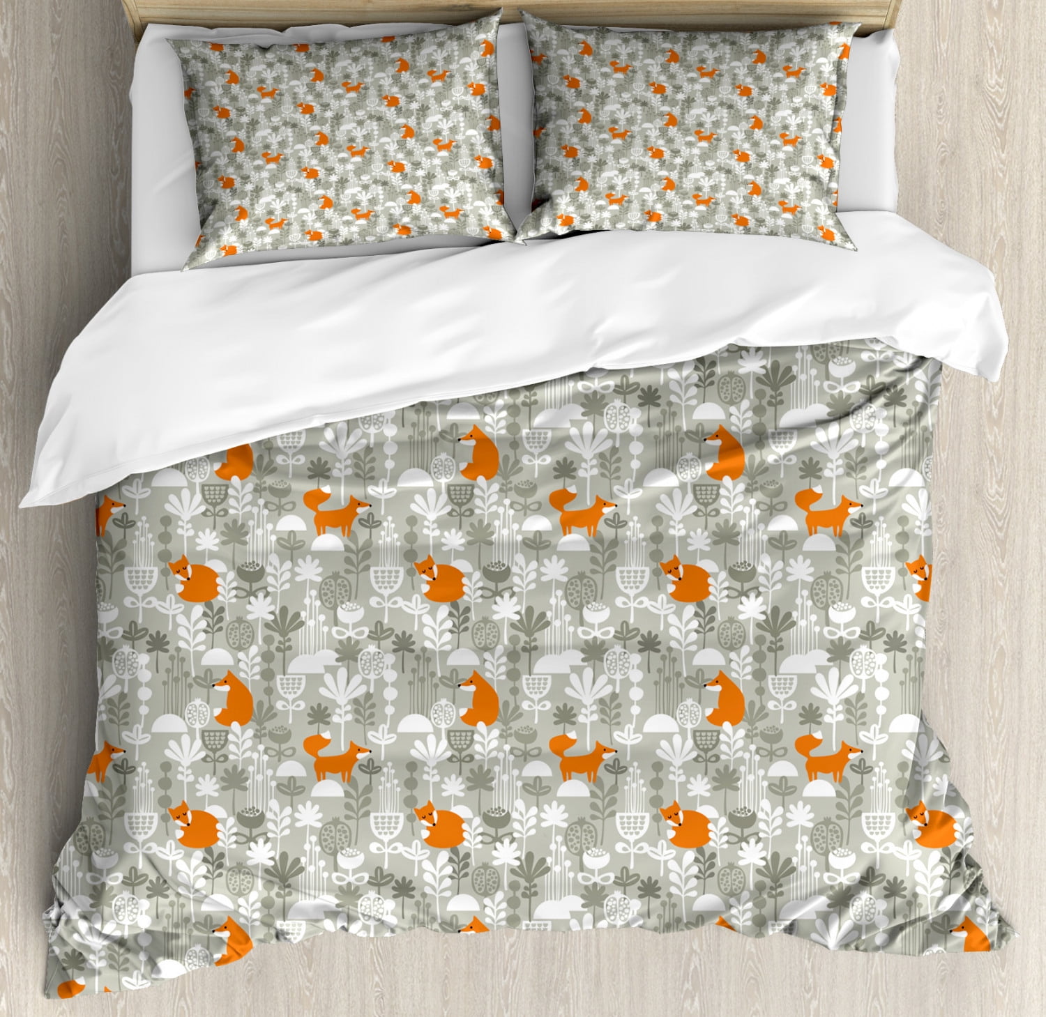 Fox King Size Duvet Cover Set Orange Silhouettes In Winter Forest