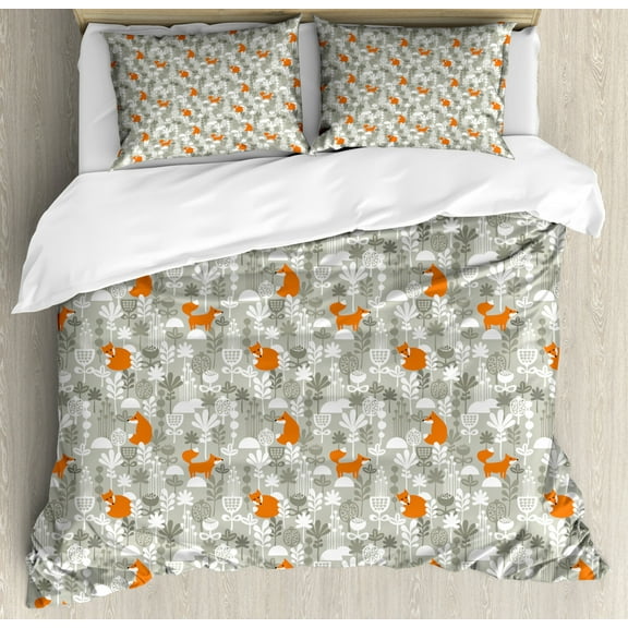 Fox King Size Duvet Cover Set, Orange Silhouettes in Winter Forest Hand Drawn Style Flowers and Herbs, Decorative 3 Piece Bedding Set with 2 Pillow Shams, Orange Pale Grey and White, by Ambesonne