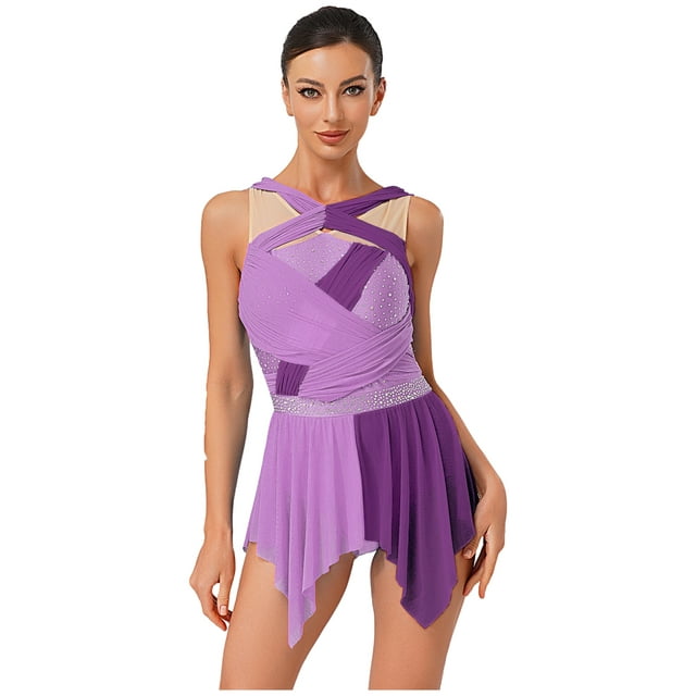 dPois Robe de Danse Sans Manches Irrégulière pour Femmes Justaucorps de Ballet Patinage Artistique Robe de Danse Moderne Violet G