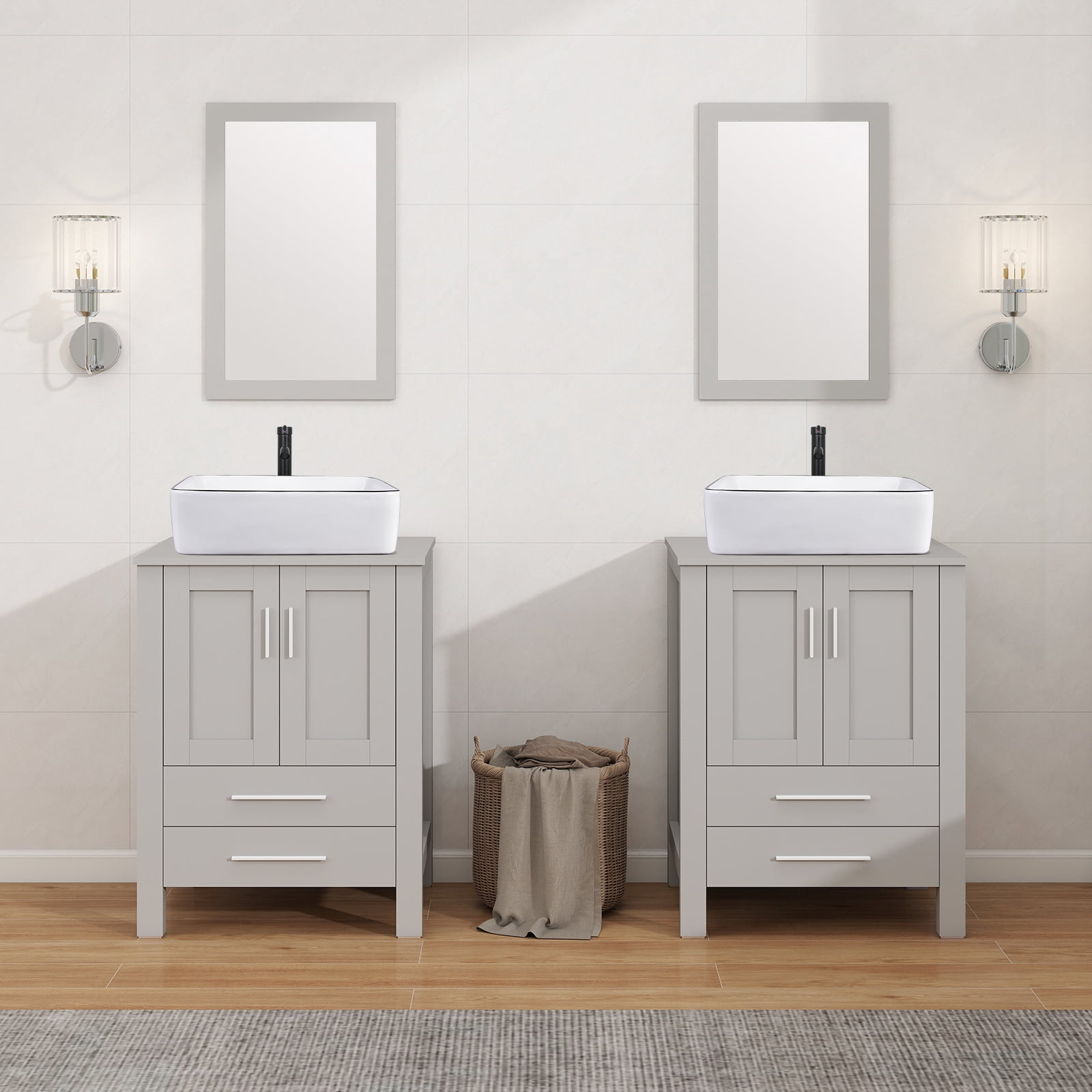 ELECWISH 24-Inch Bathroom Vanity in Gray with Mirror and Rectangle Sink Set, Modern Stand Pedestal Cabinet with White Ceramic Sink Set