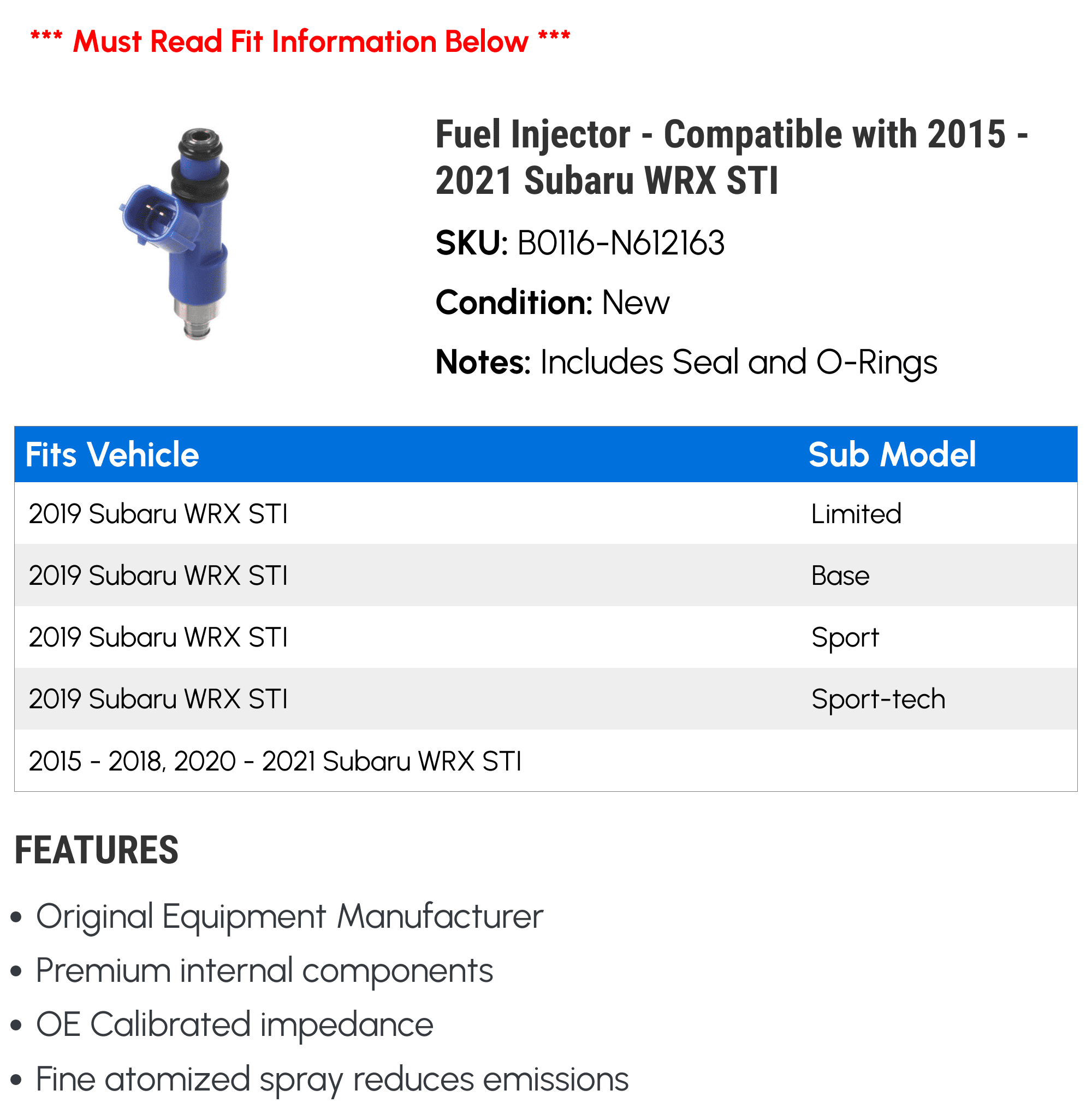 Fuel Injector Compatible with 2015 2021 Subaru WRX STI 2016 2017 2018  2019 2020