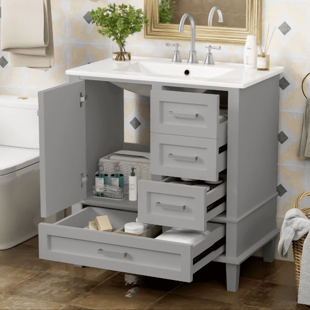 30" Bathroom Vanity , Modern Bathroom Cabinet with Sink Combo Set, Bathroom Storage Cabinet with a Soft Closing Door and 3 Drawers, Solid Wood Frame(Grey)