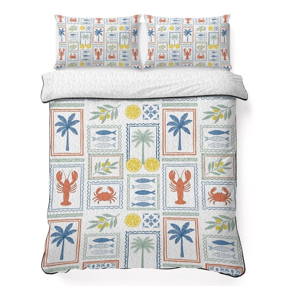 Quilts Twin XL Size Bedding Set, Summer Tropical Plants Lightweight Quilted Comforter, Palm Tree Fish Lobster Crab Lemon Reversible Bedspread Coverlet with Pillow Covers for All Season, 68" x 98"