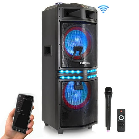 PYLE PADH122MPA - Portable Stage & Studio PA Loud-Speaker DJ System with Bluetooth Wireless, LED Flashing Lights, Wireless Microphone, MP3/USB/Micro SD/FM Radio (10’’ Speakers, 500