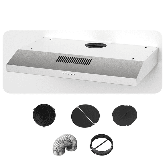 TYEMUI 30 Inch Ductless Range Hood, 9 Inch High Ventless Kitchen Hood with Back Vent Option, No Problem Keep Vena Hood for Under Cabinet or Wall Mount