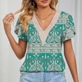 thumbnail image 3 of Blusa estampada de encaje de guipur Blusa de guipur de manga corta con pétalos y escote en V para mujer Citas Fondo verde anacardo XL, 3 of 6