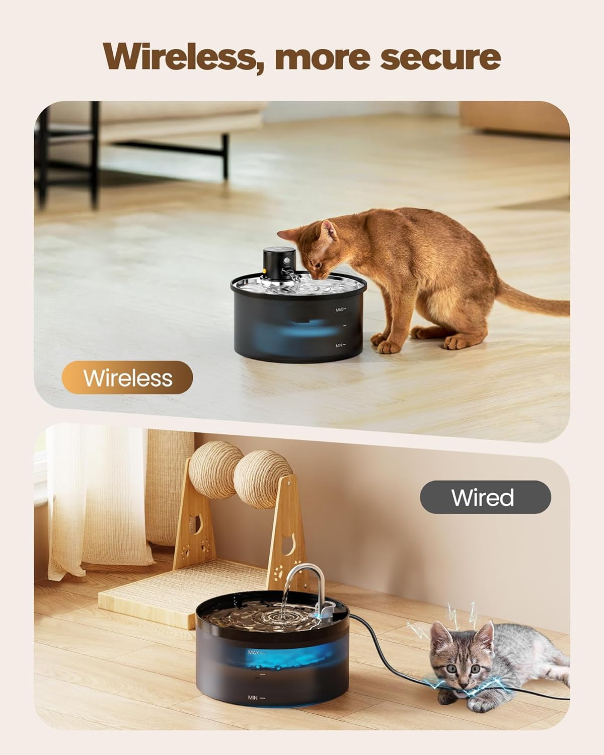 Rechargeable Cordless Cat Water Fountain with Motion Sensor and Filter - 108oz/3.2L Automatic Plastic Pet Drinking Dispenser for Indoor Cats