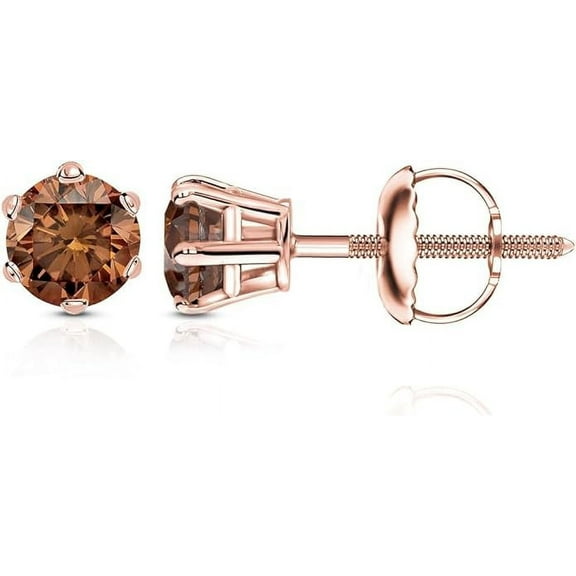 Divine Creation 1.20 Ct Round Cut Brown Diamond Screw Back Stud Earring's 14K Rose Gold Plated 925 Sterling Silver For Women's