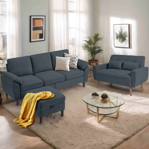 Pingliang Home Sectional Sofa Furniture Set, L Shaped Couch with Storage Ottoman & Loveseat with 2 Throw Pillows, Modern Linen 3 Seat Sofa and 2 Seat Couch for Living Room Apartment Office Studio
