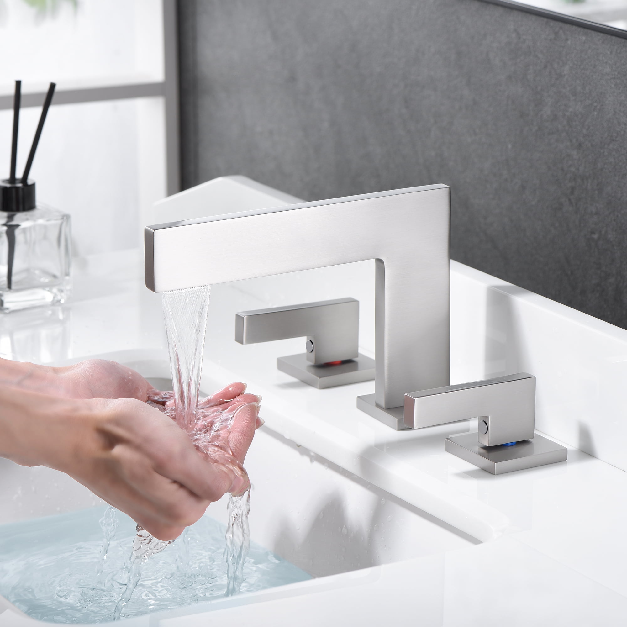 Sumerain Waterfall Widespread Bathroom Faucet Brushed Nickel Two Handle Bathroom Sink Faucet 3 Hole, 8-Inch Bathroom Faucet Vanity Faucet with supply lines