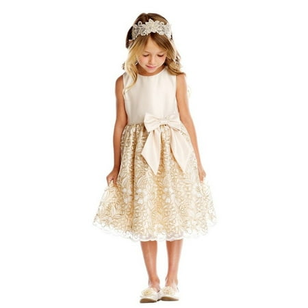 Little Girls Champagne Satin Embroidered Mesh Christmas Dress 2-6