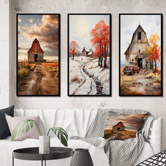 Designart "Barns Rustic beauty IV" Cityscapes Framed Wall Art Set Of 3 - Beige Barns Frame Canvas Set For Living Room Decor