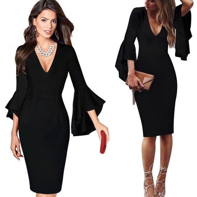 Women Wear to Work Slim Knee-Length Pocket Party Bodycon Dress
