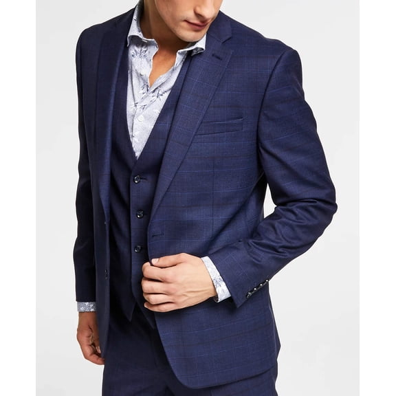 Bar Iii Mens Slim fit Wool Suit Jacket Blazer 40 R Navy Blue Plaid