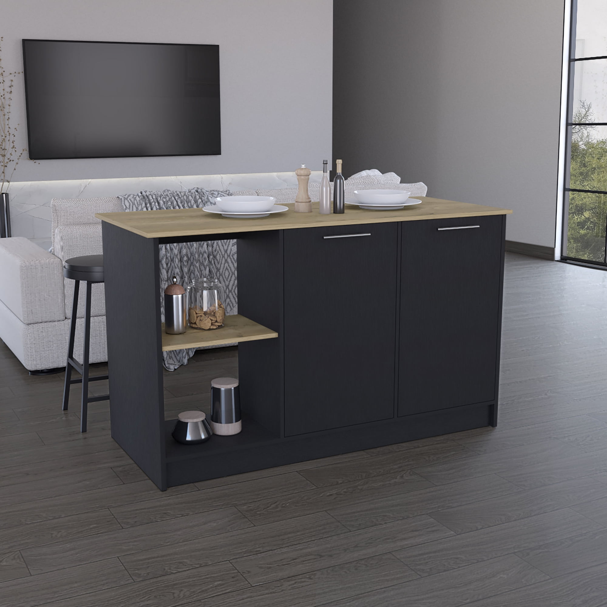 Large Countertop Kitchen Island In Black. Double Door Cabinet & Open Storage For Dishes. 25.08" Depth X 59" Width 35.78" Height. Solid Wood + . . Compliant. Compliant Black With Plentiful Surface.