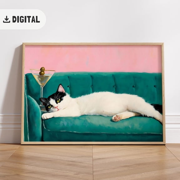 White Tuxedo Cat On Couch Poster Trendy Cat With Martini Quirky Whimsical Poster Cocktail Bar Cart Art Cat Wall Art Vintage Home Decor, Unframed Poster Size 8x12