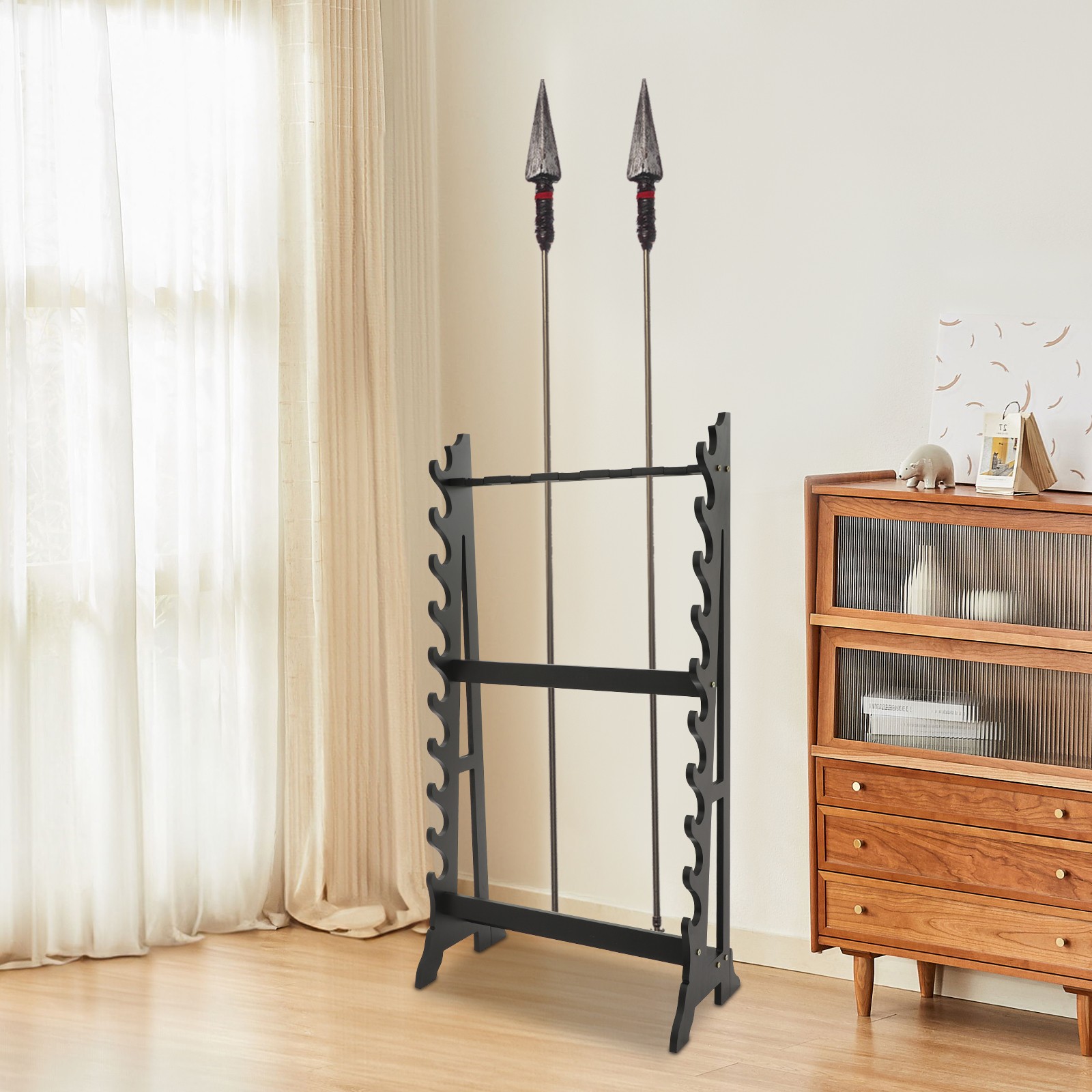 10-Layer Sword Stand, 5-Hole Katana Sword Display Rack, Black, Holds 10 Swords & Long Pole Weapons, 66lbs Capacity, for Home Dojo Weapon Storage & Decor
