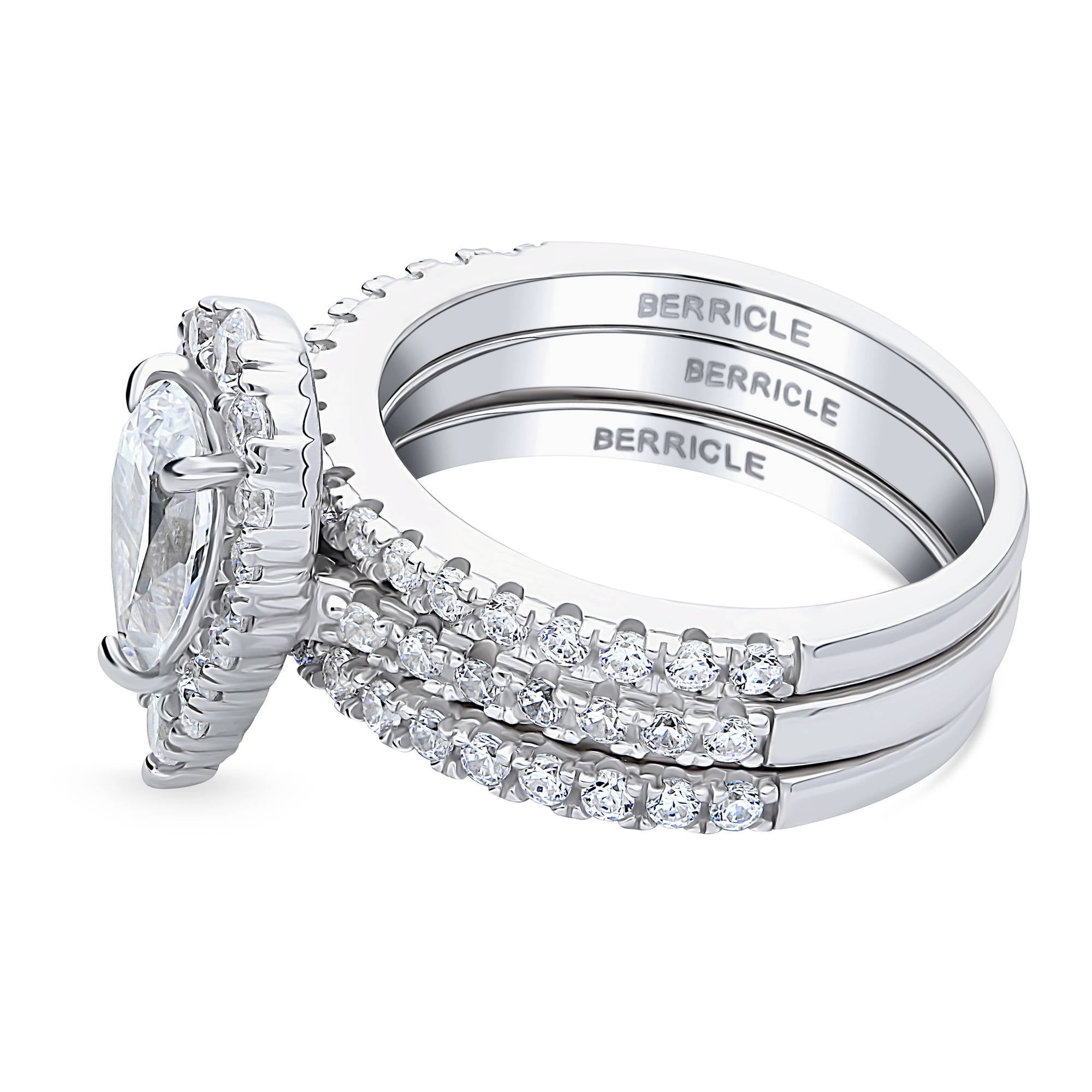 BERRICLE Sterling Silver Halo Wedding Engagement Rings Pear Cut Cubic Zirconia CZ Ring Set for Women, Rhodium Plated Size 4