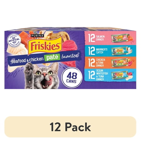 (12 pack) Purina Friskies Pate Soft Seafood and Chicken Variety Pack Wet Cat Food 5.5 oz Cans
