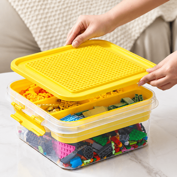 Toys Storage Organizer Bins for Lego – Building Blocks Storage with Building Baseplate Lid, Stackable Plastic Organizer Bin Toy Chest with Play Surface