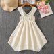 thumbnail image 3 of Vestido de verano para niños, color sólido, cuello en V, irregular, sin tirantes, top de poliéster para niños, 3 of 8
