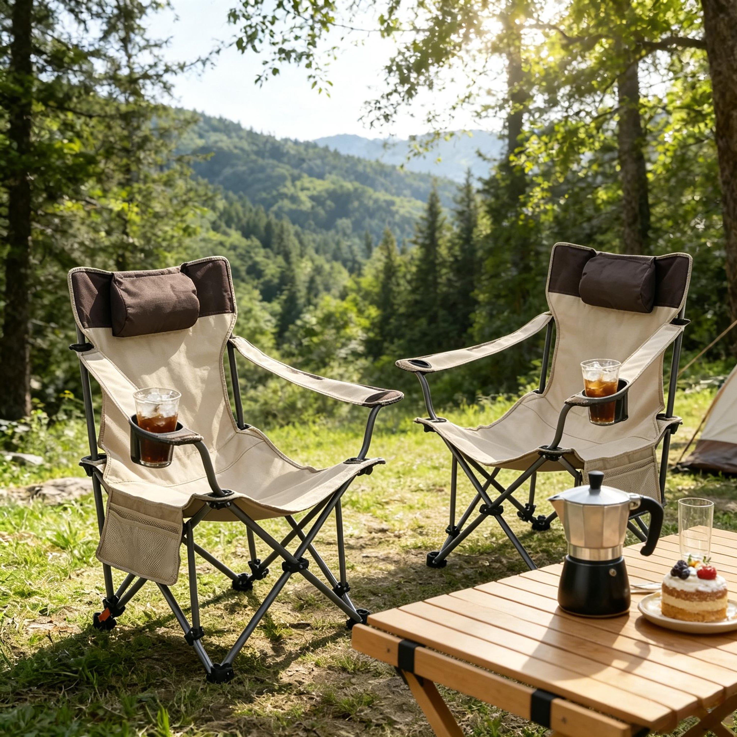 Set of 2 Folding Camping Chairs with Adjustable Recline and Cup Holder, Portable Outdoor Lounge Chairs and Beach Seats with Side Pockets, Beige