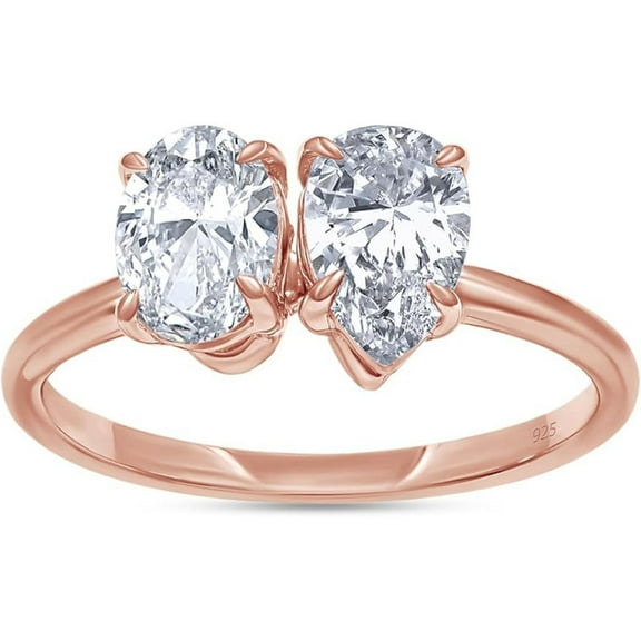 925 Sterling Silver 14K Rose Gold Plating Pear Shape & Oval Cut White Diamond Toi Et Moi 2-Stone Engagement Wedding Ring For Women