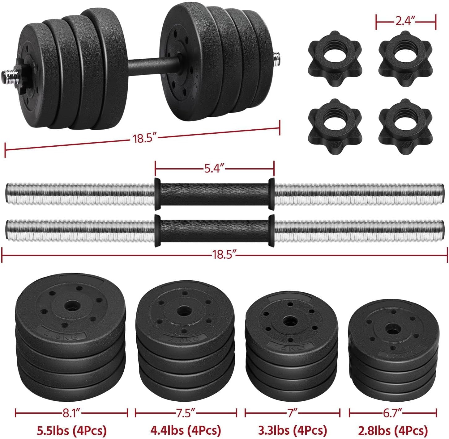 Adjustable Dumbbells Weight Set Dumbbell Weights Exercise & Fitness Equipment w/ 4 Spinlock Collars for Women & Men Home Gym Strength Training